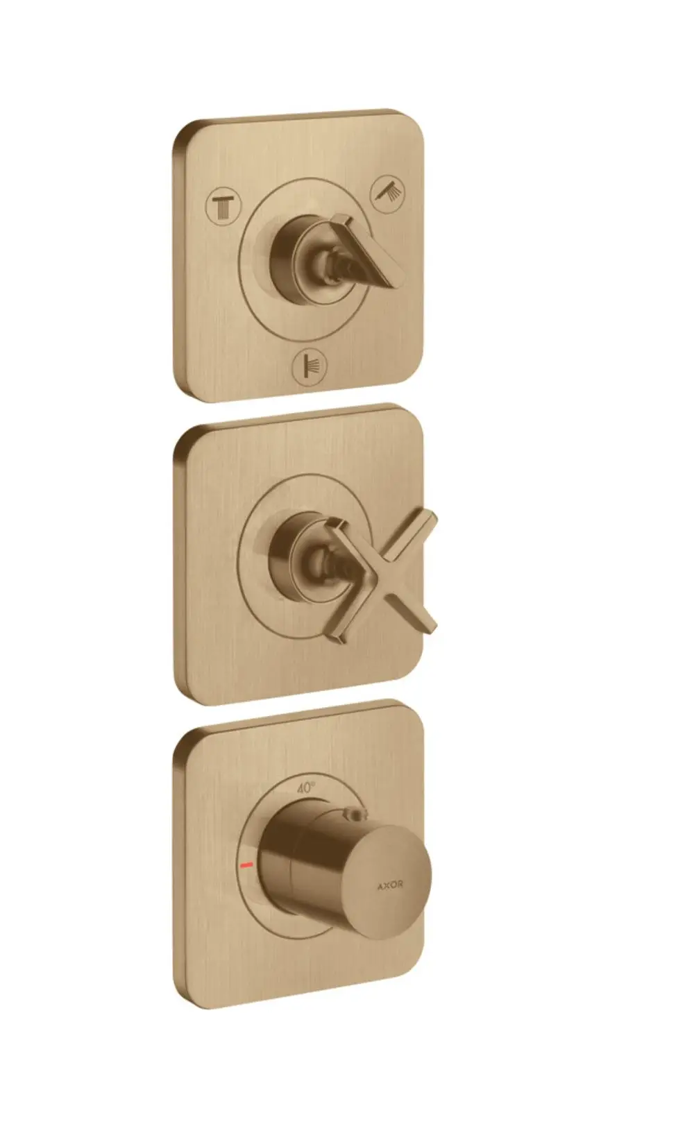 Thermostatmodul mit drei Steuerungen, Unterputzmontage, mit Rosetten in Brushed Bronze. Bedienknöpfe für Temperatur und Funktionen von AXOR.